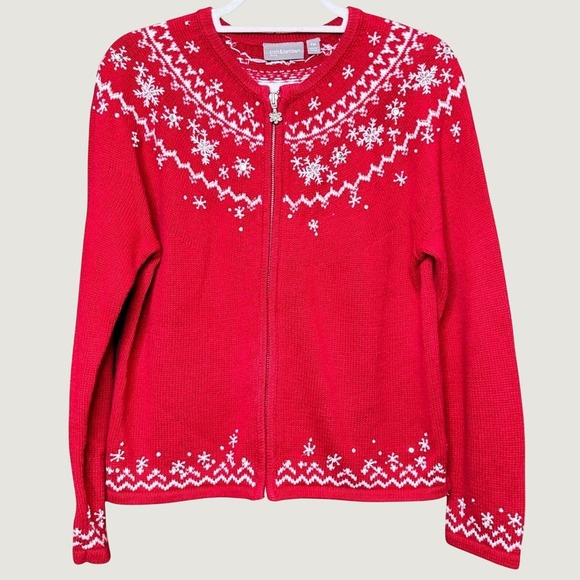 croft & barrow Sweaters - VTG Christmas Petite Red Snowflake Zip Up Cardigan Sweater Jacket Women PM